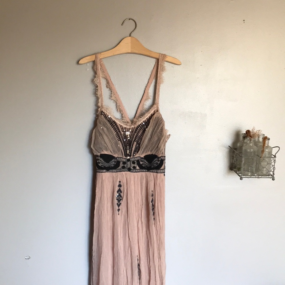 Free people long pink embroidered dress with beads